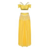 Womens Chiffon Wide Leg Pants Sequins Tassel Slit Belly Dance Culottes Cold Shoulder Crop Top Rhinestone Waist Set S