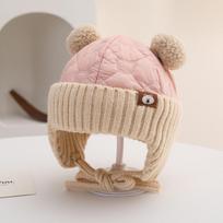 Warm Fleece Ear Protection Hat Thickened Material Knitted Design Infant Hat Bear Ear Style Tie Closure Pullover Hat