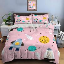 Space-Themed Doodles On Pink Background Duvet Cover Set Digital Print Polyester Bedding With Zipper Closur For Kids Gifts EU Twin 135X200cm&set