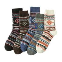5 Pairs Men Winter Socks Mid-tube Thick Thermal Insulation Ethnic Style Home Bedroom Wear Floor Socks Colorblock Anti-slip Knitted Daily Wear Sport F