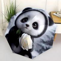 Adorable Panda Holding White Rose-Cute Animal Art PrintUmbrella with Cute Design,Portable 3-Fold Compact Umbrella for Men&Women,Valentine's