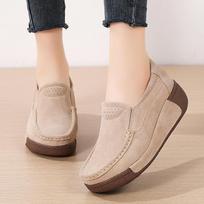 Women Spring Fall Genuine Leather Slip On Loafers Round Toe Handmade Platform Moccasins Casual Daily Walking Footwear 35 smėlis