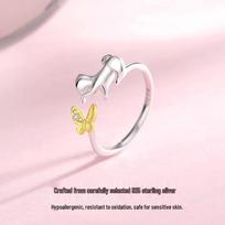 Tichya Sterling Silver Cat Butterfly Open Ring - Versatile Niche Design, Women's S925 Cute Kitten Ring Adjustable Size