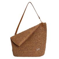 Summer Fashi Straw Woven Tote Bag for Women Large Capacity Youth Beach Handbag Leather Strap Casual Vacati Shoulder Bag chaki