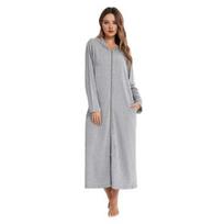 Women Zip-up Nightgown Long Sleeve Loose Pure Color with Pockets Mid-calf Length Hooded Loungewear Daily Wear Home Bedroom Use Nightgown S