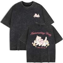 benber vintage Elegant Little Cat Prints Washed TShirts Women Cotton Oversize T Shirt Casual ONeck Short Sleeve s  Clothes S