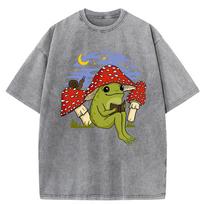 benber vintage Cute Frog Mushroom Hat Reading Book Print Washed TShirt Women Jogging Cotton T Shirts Vintage Clothes Loose Short Sleeve S