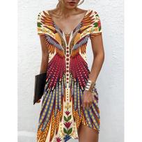 Women Short Sleeve V Neck Zip Front Asymmetric Hem Abstract Print Dress Multi Colors S