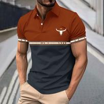 Men's Patterned Short Sleeve Shirt Block Stitching High Neck Golf and Casual Summer Top Suitable for Sports and Daily Wear XL