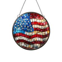 Round Mosaic Glass Panel Hanging Decor Stained Glass Art Suncatcher with Flag Pattern for Indoor Outdoor Display