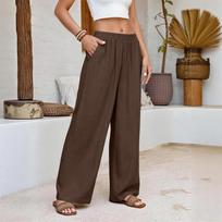 Women High Waist Wide Leg Linen Pants Loose Fit Elastic Waistband Trousers with Pockets for Casual Daily Wear L