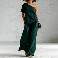 Women One Shoulder Top Wide Leg Pants Set Casual Two Piece Outfit Summer Spring Loose Fit Lightweight Fabric XS