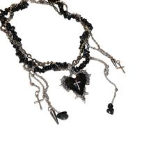 Gravel Bead Love Halloween Cross Necklace Jewelry Metal Clavicle Chain Double Layer Choker  Girls juoda