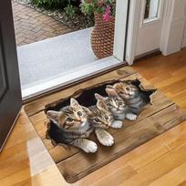 2D Wooden Hole with Four Cats Protruding Soft Pad Cartoon Cat Entrance Door Mat Bathroom Kitchen Anti Slip Mat 40x60CM