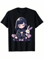Playful Wounisex's Grunge Gothic Bunny Anime T-Shirt - Cute E-Girl Style Black Cotton Tee With Purple Accents And Skull Details S