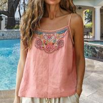 Linen Tops for Women UK Embroidered Spaghetti Strap Ladies Linen Tops Casual Linen Shirt Women Lightweight Summer Style XXL rožinė