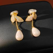 18K Gold Plated Zircon Leaf Water Drop Pearl Clip-On Earrings - Luxury Ear Jewelry for Women