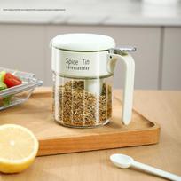 Glass Spice Jar With Built-in Spoon & Handle, Airtight Seasoning Container, Food-Grade Salt Sugar Storage Canister For Kitchen D