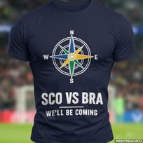 SCO vs BRA We'll Be Coming T-Shirt, Scotland Brazil Compass Soccer Tee, Scottish Football Fan Miami World Cup 2026 Gift S