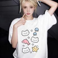 Cute Cat Sea Animal Print T-Shirt Tee Kawaii Dolphin Jellyfish Graphic Black White Short Sleeve Crewneck S