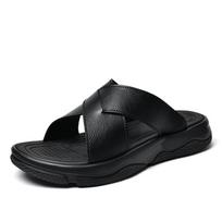 Men's Genuine Leather Thick Sole Non-slip Beach Slides - Trendy Single Strap Summer Slippers 40