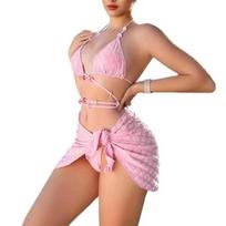 3Pcs/Set Sexy Women Bikini Set Jacquard Solid Color Halter Bra Lace-up Thong Cover Up Skirt Set Criss Cross Swimwear Female Bathing Suit L