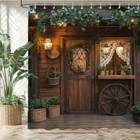 Country retro Wooden house printed fabric shower curtain, Pastoral wood plant pattern bathroom curtain decoration, with hooks (as the picture,W90xH180cm)