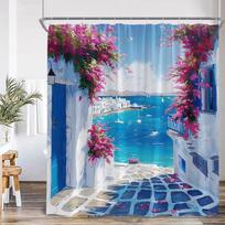 Greek Town Scenery Oil Painting Shower Curtain Venice Italy Street View European Landcape Bathroom Decor Polyester Bath Curtain (as the picture,90x180cm-35x70in)