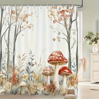 Mushroom Shower Curtain – Watercolor Autumn Forest, Red Amanita & Leaves, 12 Hooks, 70.8×70.8 in, Polyester, Machine Washable (as the picture,90x180cm35x71in)
