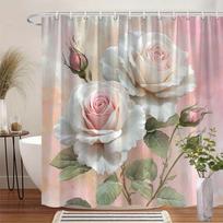 Romantic White Roses Shower Curtain, Full-Bloom Floral Design, Soft Pink Centers, Green Leaves, Pastel Pink Background,12 Hooks (as the picture,W90xH180cm)