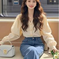 Women Yellow V Neck Frog Button Puff Long Sleeve Blouse S