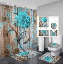 4PCS Flower Shower Curtain Set with Non-Slip Rugs Toilet Lid Cover and Bath Mat Black Shower Curtain Waterproof Bathroom Decor