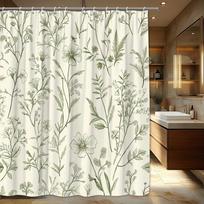 Vintage Botanical Shower Curtain – Soft Green & Cream Floral Sketch Print, 12 Hooks, Machine Washable, Spa-Like Bathroom Decor (as the picture,90x180cm35x71in)