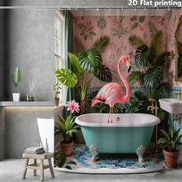 Pink Flamingo Shower Curtain 1pc Polyester 2D Flat Print 70.8x70.8  Tropical Plants on Pastel Pink Floral Background (as the picture,90x180cm35x71in)