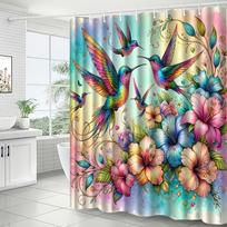 Hummingbird Shower Curtain, Colorful Bird and Hibiscus Flower Pattern, Artistic Waterproof Bathroom Decor, Boho Style (as the picture,W90XH180cm)
