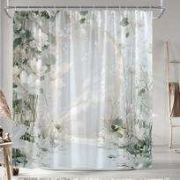 Serene Arch-Shaped Floral Shower Curtain - White Flowers & Green Leaves, Soft Gradient Design, Polyester,  Modern Bath Deco (as the picture,W90XH180cm)