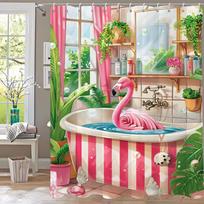 Flamingo Bathing in Pink bathtub Shower Curtain, Floral Art Bathroom Decorative Curtain, Printed Polyester Curtain with Hooks (as the picture,90x180cm-35x70in)