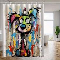 1pc Colorful Cartoon Dog Shower Curtain, Polyester Woven Artistic Bathroom Decor with Hooks, Machine Washable (as the picture,90X180CM)