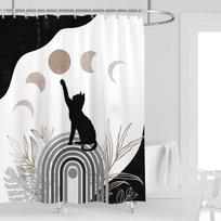Funny Cat Shower Curtain Moon Boho Black Brown Terracotta Cute Moonlit Modern Abstract Mid Century Geometric Aesthetic Polyester (as the picture,W90xH180cm-35x70in)