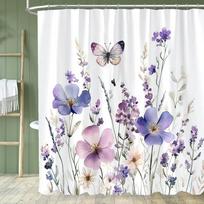 1PC Blue Flowers and Butterflies Shower Curtain,  Floral and Leaf Bathroom Decorative Curtain,Polyester Home Curtain with Hooks (as the picture,90x180cm-35x70in)