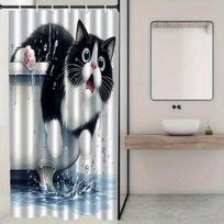 Cute Black and White Cat Shower Curtain Cat Falling into Water Splash Humor Art Pet Lover Decor Waterproof Fabric Bath Curtain (as the picture,90x180CM)