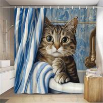 Curious Kitten in Striped Curta Shower Curtain - Water-Resistant Fabric for Bathroom - Perfect for Cat and Whimsical (as the picture,W90XH180cm)