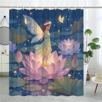 Fairy Water Lily Shower Curtain - Floral Crown, Glowing Fireflies & Butterflies, Includes 12 Hooks, Polyester, Bathtub Decor (as the picture,W90XH180cm)