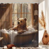 Brown Bear Bath Tub Shower Curtain Rustic Cartoon Bathroom Decor Nature Theme with Hooks 90x180