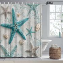 Beach Themed Shower Curtain Starfish Seashell Nautical Polyester Bath Curtain with Hooks Machine Washable 90x180