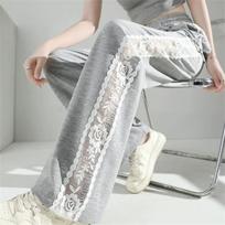 Fashion Summer Autumn Thin Wide-leg Pants for Women Lace Hollowed Out Sports Straight Breathable Sunscreen Trousers S