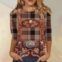 Women's Casual Three Quarter Sleeve Oktoberfest Print Round Neck Top Plaid Pattern with Faux Leather Harness Detail Suitable for Daily Wear L ruda
