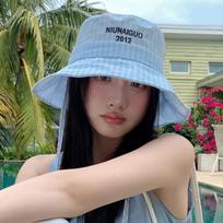Letter Embroidery Lattice Fisherman Hat Adjustable Drawstring Wide Brim Sun Hats Windproof UV Protection Summer Hats