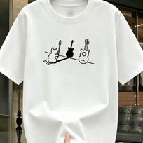 Guitar Cat T-Shirt Women Men Funny Music Lover Graphic Tee Cotton Short Sleeve O-Neck Vintage Harajuku Style Top S