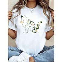 Boho Minimalist Floral Cat T-Shirt Cute Line Art Cat Daisy Flowers Print Tee Outfits Soft Casual Short Sleeve S